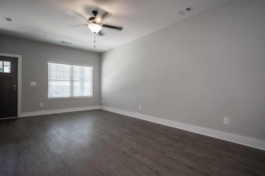 The Milledge 2-bedroom townhome floor plan at Puritan Mill in Athens, GA, featuring 2.5 baths and 1,046 sq. ft.